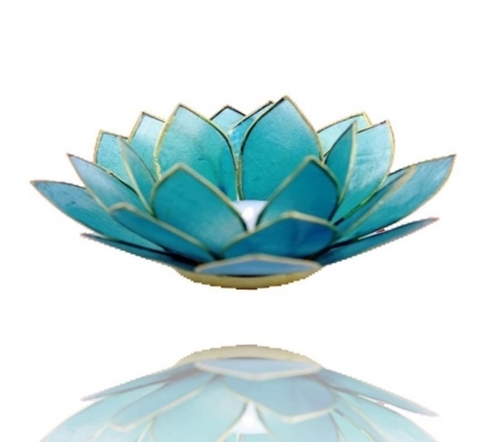 Chakra-Teelicht "Lotus" Aquamarin mit Goldrand - Kehl-Chakra