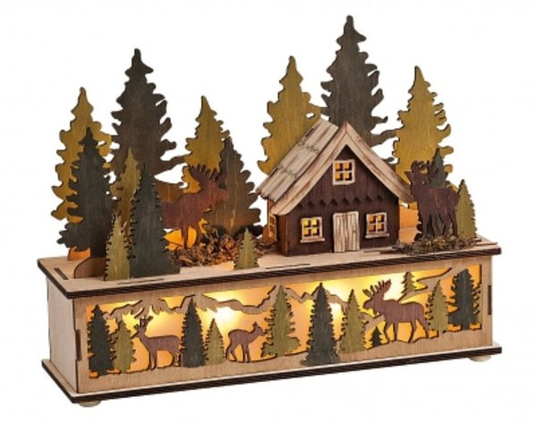 Winterszene Holz mit LED-Beleuchtung 30x9x23 cm
