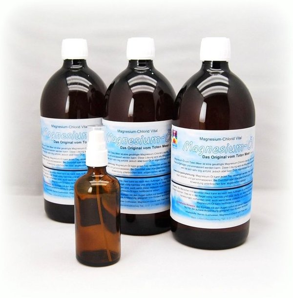 3x Magnesium-Öl in 1 Liter-Flasche - mit zusätzl. 100ml Sprühflasche - Das Original vom Toten Meer