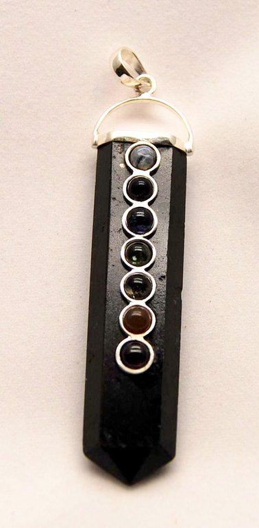 Edelstein-Anhänger Turmalin-Spitze mit Chakra-Steinen in 925er Sterlingsilber ca. 7,5 cm